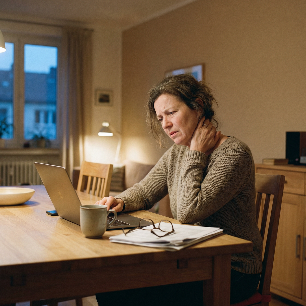 Woman sitting at a table with a laptop, holding her neck in a home setting.